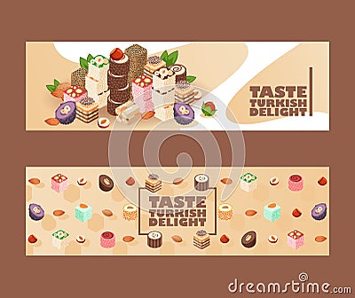 Turkish delight eastern sweets, vector illustration banners. Colorful traditional lokum dessert, exotic east delicacy Vector Illustration