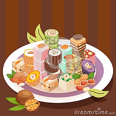 Turkish delight eastern sweets, vector illustration. Colorful traditional lokum dessert on a plate. Advertisement poster Vector Illustration