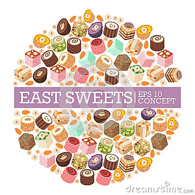 Turkish delight eastern sweets, vector illustration in round frame composition. Colorful traditional lokum dessert Vector Illustration