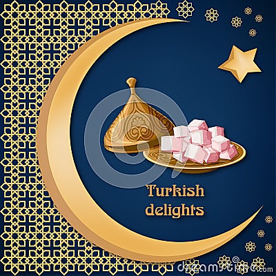 Turkish delight locum on decorated copper plate with text, arabic ornament, moon and star on dark blue background. Cartoon Illustration