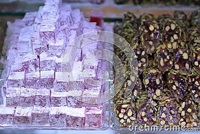 Turkish delight with rosearoma and pistachio nuts Stock Photo