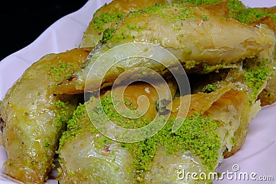 Turkish Dessert Sobiyet Baklava with Pistachio / Fistikli Baklava. Ramadan, lunch Stock Photo