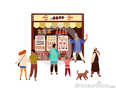 Turkish, Eastern kebab street market, souk, oriental local bazaar. People, tourists in Arabic marketplace stall buying Vector Illustration