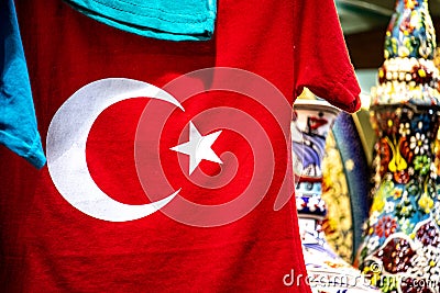 Turkish flag on a red t-shirt in a shop Stock Photo