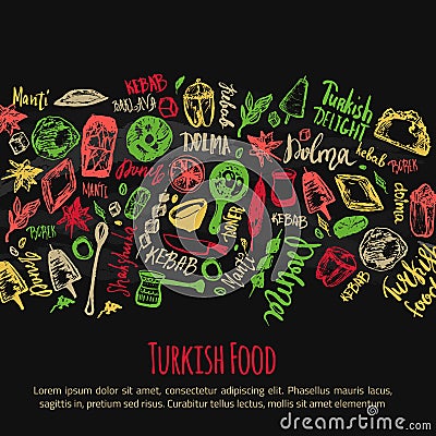 Turkish food hand drawn set with lettering and beverages with Kebab, Dolma, Shakshuka. Freehand vector doodles isolated Vector Illustration