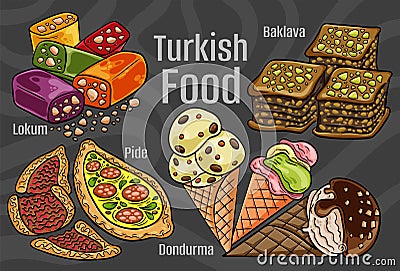 Turkish food. A set of classic dishes. Cartoon hand drawn illustration Vector Illustration