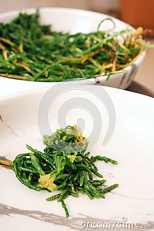 Turkish and Greek appetizers, sea cow pea with olive oil (salicornia or glasswort), Mediterranean meze Stock Photo