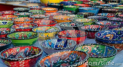 Turkish handmade colourful ceramic plates and bowls Stock Photo