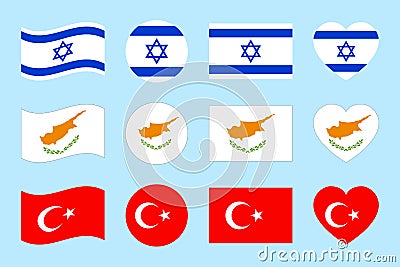 Turkish, Israeli, Cypriot flags vector illustration. Israel, Cyprus, Turkey states official geometric symbols set for Vector Illustration