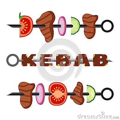 Turkish kebab in flat style. Cooked delicious traditional dish. Stock Photo