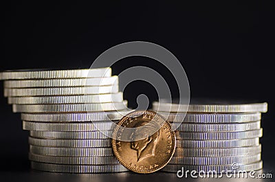 Turkish Kurush Ataturk Gold Coin in front Silver Coins Stock Photo