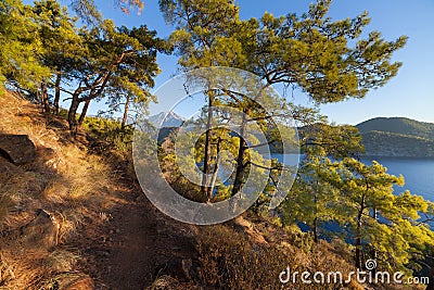 Turkish landscape with Olympos mountain, beach green forest Stock Photo