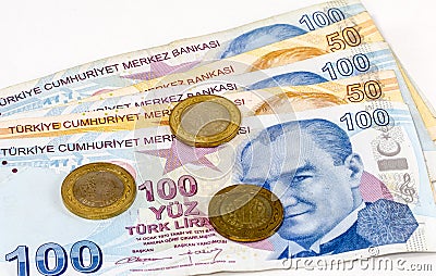 Turkish Lira Banknotes and Coins Stock Photo