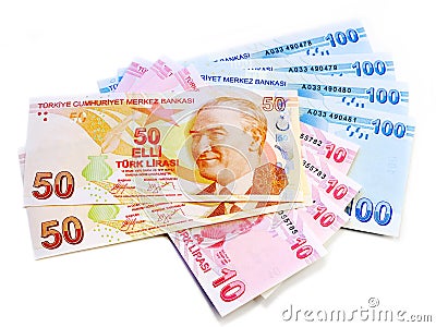 Turkish Lira Banknotes Stock money over the white background Stock Photo