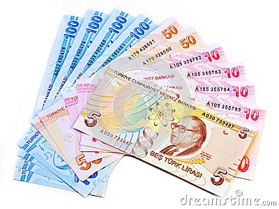 Turkish Lira Banknotes Stock money over the white background Stock Photo