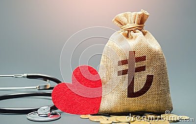 Turkish lira money bag and stethoscope. Health life insurance financing concept. Subsidies. Development, modernization. Funding Stock Photo