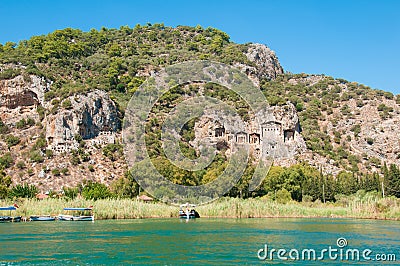 Turkish Lycian tombs on the Dalyan River Stock Photo