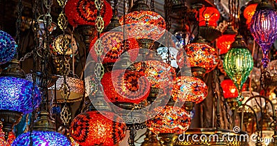 Turkish mosaic lamp oriental traditional light. Glass tile lantern at istanbul bazaar Stock Photo