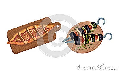 Turkish National Food with Shashlik on Skewer and Pie Above View Vector Set Vector Illustration