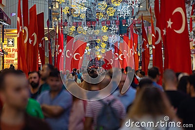 Turkish people with Turkish flags in Istiklal Avenue Editorial Stock Photo