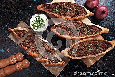 Turkish pide, traditional meal similar to pizza Stock Photo