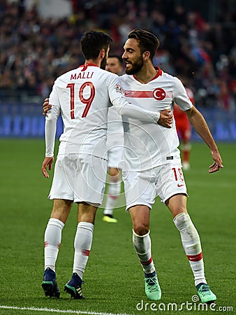Turkish player Yunus Malli celebrating his goal with Kenan Karaman during international friendly against Russia at VEB Arena Editorial Stock Photo