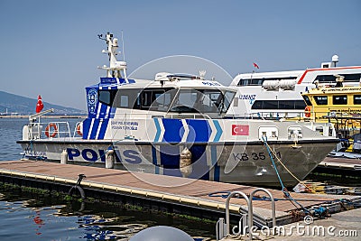 Turkish police boat at Passport pier in Alsancak district. Editorial Stock Photo