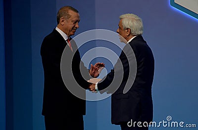 Turkish President Recep Tayyip Erdogan welcomes Greek President Prokopios Pavlopoulos Editorial Stock Photo