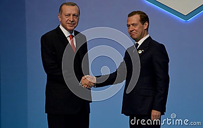 Turkish President Recep Tayyip Erdogan welcomes Russian Prime Minister Dmitry Medvedev Editorial Stock Photo