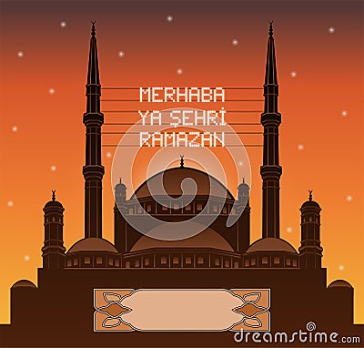 Turkish ramadan mahya lights over a mosque silhouette in front o Vector Illustration