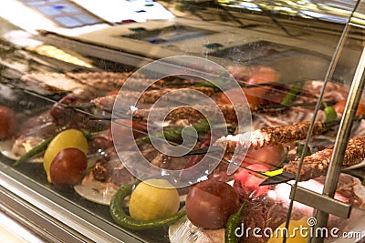 Turkish raw Adana kebab for serving in the deep freeze Stock Photo