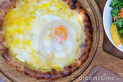 Turkish Round Pide with Fried Egg and Cheese Stock Photo