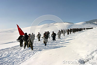 Turkish soldiers walking at Sarikamis Allahuekber Mountains Editorial Stock Photo
