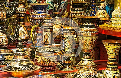 Turkish souvenir tea pot and cups Editorial Stock Photo