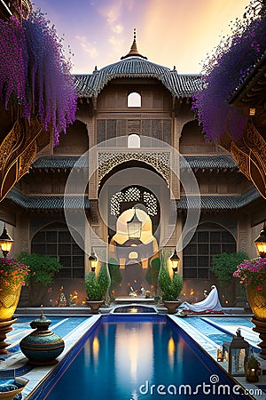 Turkish style hotel with a pool and Islamic style architecture generative ai Stock Photo