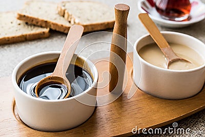 Turkish Tahin Pekmez / Tahini and Molasses with tea Stock Photo