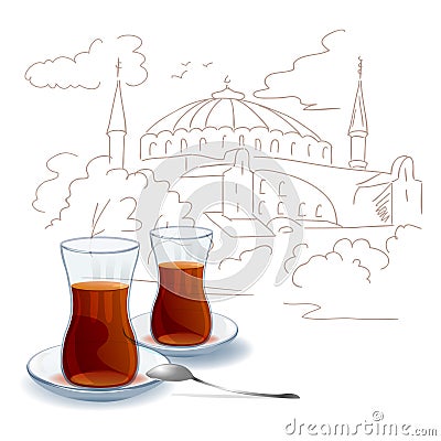 Turkish tea, city sketch Vector Illustration