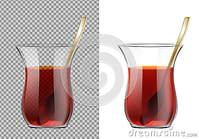 Turkish tea cup with black tea and gold spoon Vector Illustration