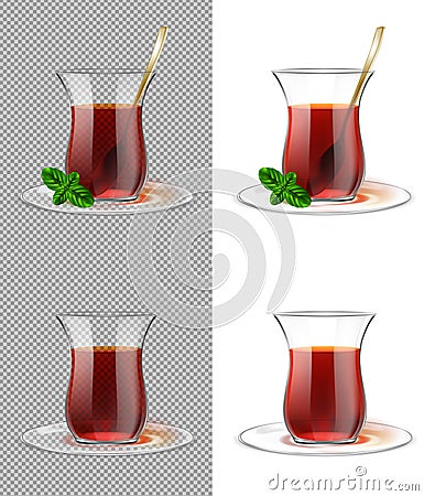 Turkish tea cup with black tea, gold spoon and mint Vector Illustration
