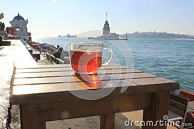 Turkish tea with Istanbul Maidens Tower background Editorial Stock Photo