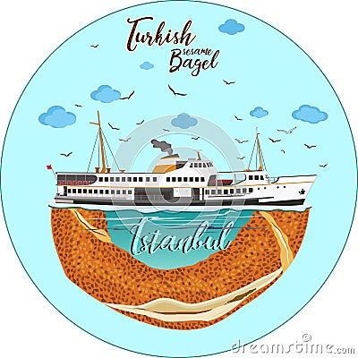 Turkish traditional bagel simit. Cartoon vector illustration in flat style. Turkish Sesame Bagel. Istanbul traditional flavors Vector Illustration