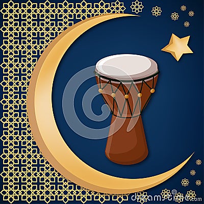 Turkish traditional drum on decorated background with golden moon, star and oriental ornament. Cartoon Illustration