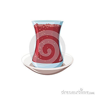 Turkish traditional glass of tea and plate isolated on white background. Vector Illustration