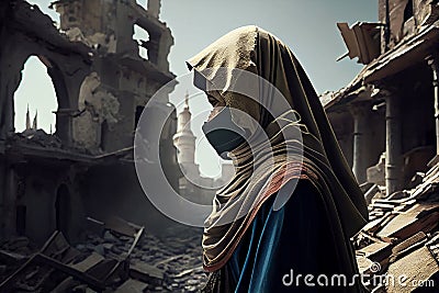 Turkish woman near the ruined building affected by the earthquake. Cartoon Illustration