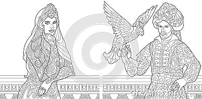 Turkish woman and Ottoman sultan with bird Vector Illustration