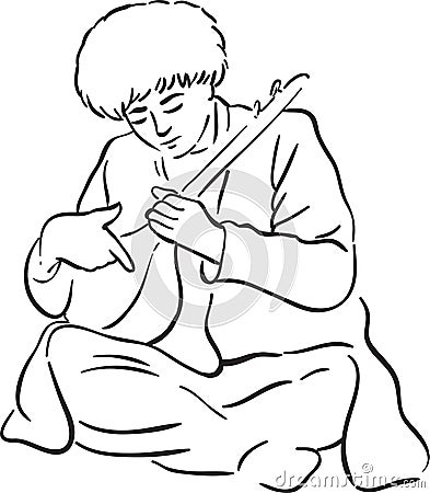 A Turkmen musician plays the dutar. Black and white brush drawing. Stock Photo