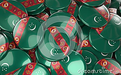 Turkmenistan Badges Background - Pile of turkmen Flag Buttons. Stock Photo