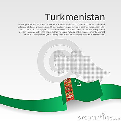 Turkmenistan flag, mosaic map background. State patriotic turkmen banner, cover. Wavy ribbon color flag of turkmenistan Vector Illustration