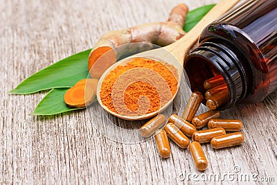 Tumeric herbal medicine capsule. Stock Photo