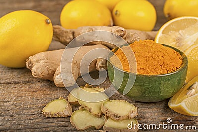 Turmeric, lemon and ginger Stock Photo